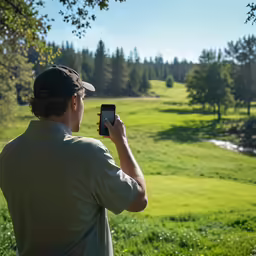 man standing on a golf course and taking a picture with his cell phone