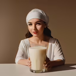 a young woman poses for the camera holding a glass of milk