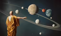 a man is in an artwork show with planets