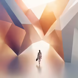 the person is walking down the corridor between two structures
