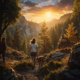 the girl is walking with two dogs on a trail