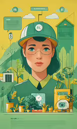 a young girl in a baseball cap is surrounded by icons,illustration depicting the features of young men in front of colorful houses, trees and other things
