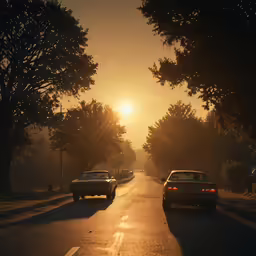 two cars drive down the road at sunset