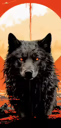 the wolf staring in front of an orange and red sunset