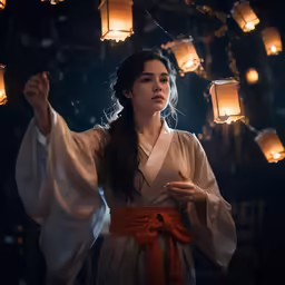 an asian woman with white hair holding up lantern lights