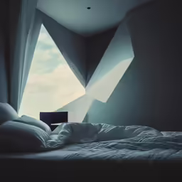 a bed in a bedroom with an opened window