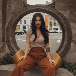 a woman wearing all brown sitting on a giant chair
