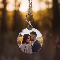 a couple posing for a photo while being photographed in front of some trees