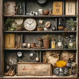 an old book shelf with a clock, shelf full of books and other antiques