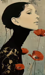 a painting of a woman with flowers in front of a cement wall