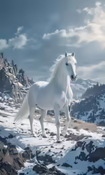 a white horse on a snowy mountain with snow on the ground