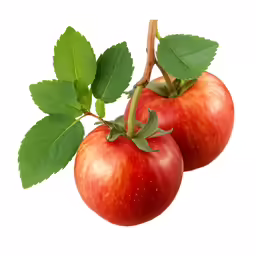 two apple fruit with leaves and buds on a branch