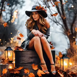 a woman sitting on top of a wooden box with a lantern in the background
