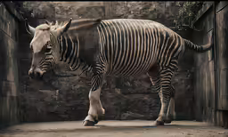 the zebra has a white head and dark stripes on his face