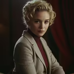 a beautiful woman sitting at a table in a jacket