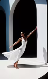 a woman wearing a white dress and black and white shoes