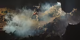 two men fight against each other in a cave