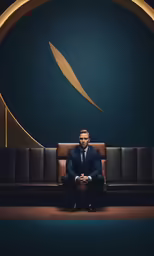 man in suit sitting on a couch near a circular wall