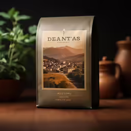 a coffee bag that is on a table