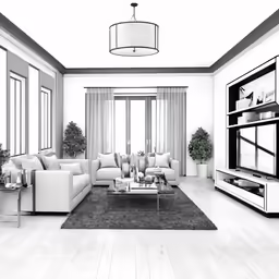 the view from the window shows a nice white living room