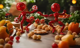 several figurines in the middle of a table with nuts on it