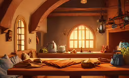 a kitchen with table and stools next to a stove,a kitchen area has many pots and pans on the table