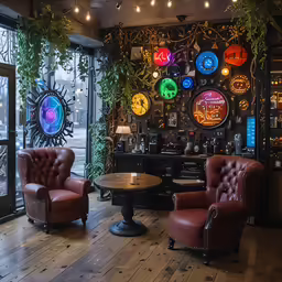 a lobby with wooden floors, bright neon lights and chairs