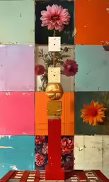 a colorful sculpture with flowers in the center surrounded by multicolored wall panels