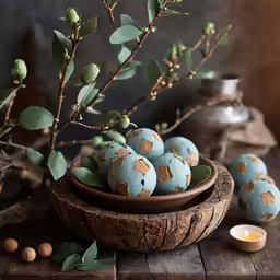 a bowl of painted eggs sitting on a table