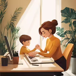 a cartoon shows a child working on a computer