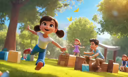 the animated character has many children in their yard