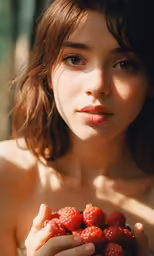 a beautiful young woman holding a bowl full of berries