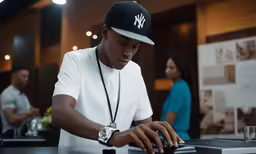 a man typing on a laptop at a black counter