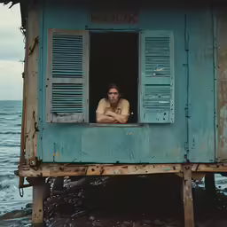 a young man looking out the window of a rusted wooden shack
