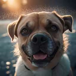a big dog that is panting next to water