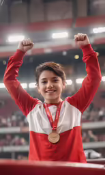 a female in red and white jacket with a silver medal