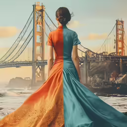 a woman stands alone in front of the golden gate bridge