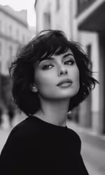 a woman in black shirt with her hair pulled back on a street