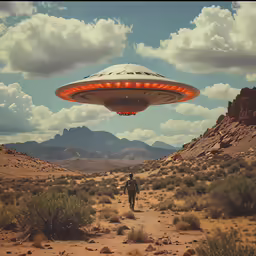 a man walking in the desert towards an alien floating object