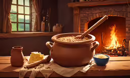 a large clay pot and some spices are on the table,a wooden table topped with a pot filled with food