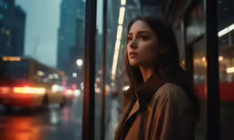 a woman stands in front of a bus window in the rain
