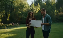 a man and a woman in the middle of a grass field