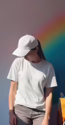 a woman wearing a hat leaning against a wall
