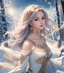 a girl dressed in a white and gold dress with a crown