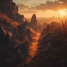 the sun rising over rocky terrain, with a dirt path
