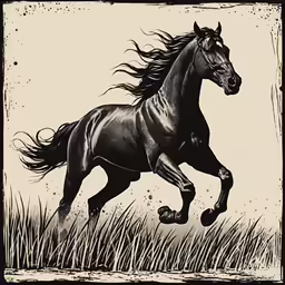 a horse running in the field in black and white