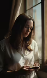 a beautiful woman holding a phone standing near a window