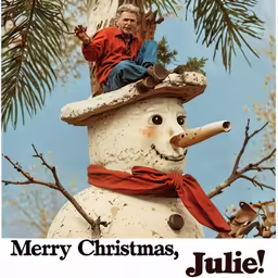 a very cute looking snowman sitting in a tree