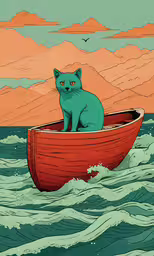 cat sitting in a red boat in a body of water,an illustration of a cat sitting in the middle of a boat