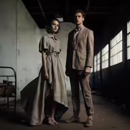 two people stand in an industrial warehouse